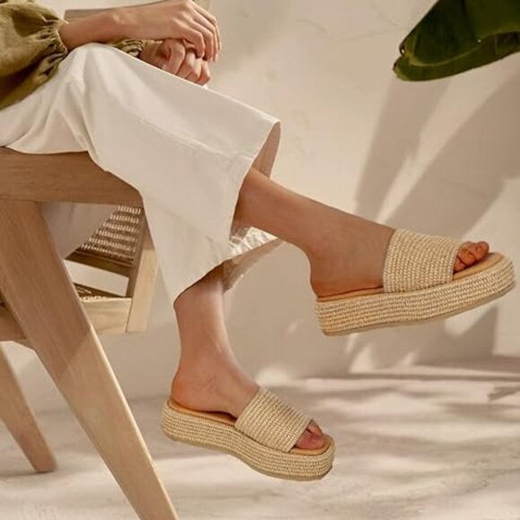 Platform Slip on Espadrille Sandals for Women Wedges Slides Bohemia Sandals Flat - Picture 1 of 5